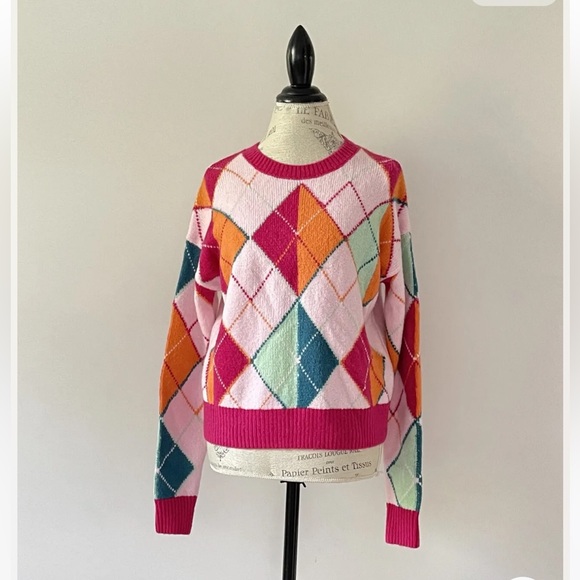 Halogen X Atlantic-Pacific Argyle Sweater In Pink Opal Argyle V-Neck NWOT - Picture 2 of 7
